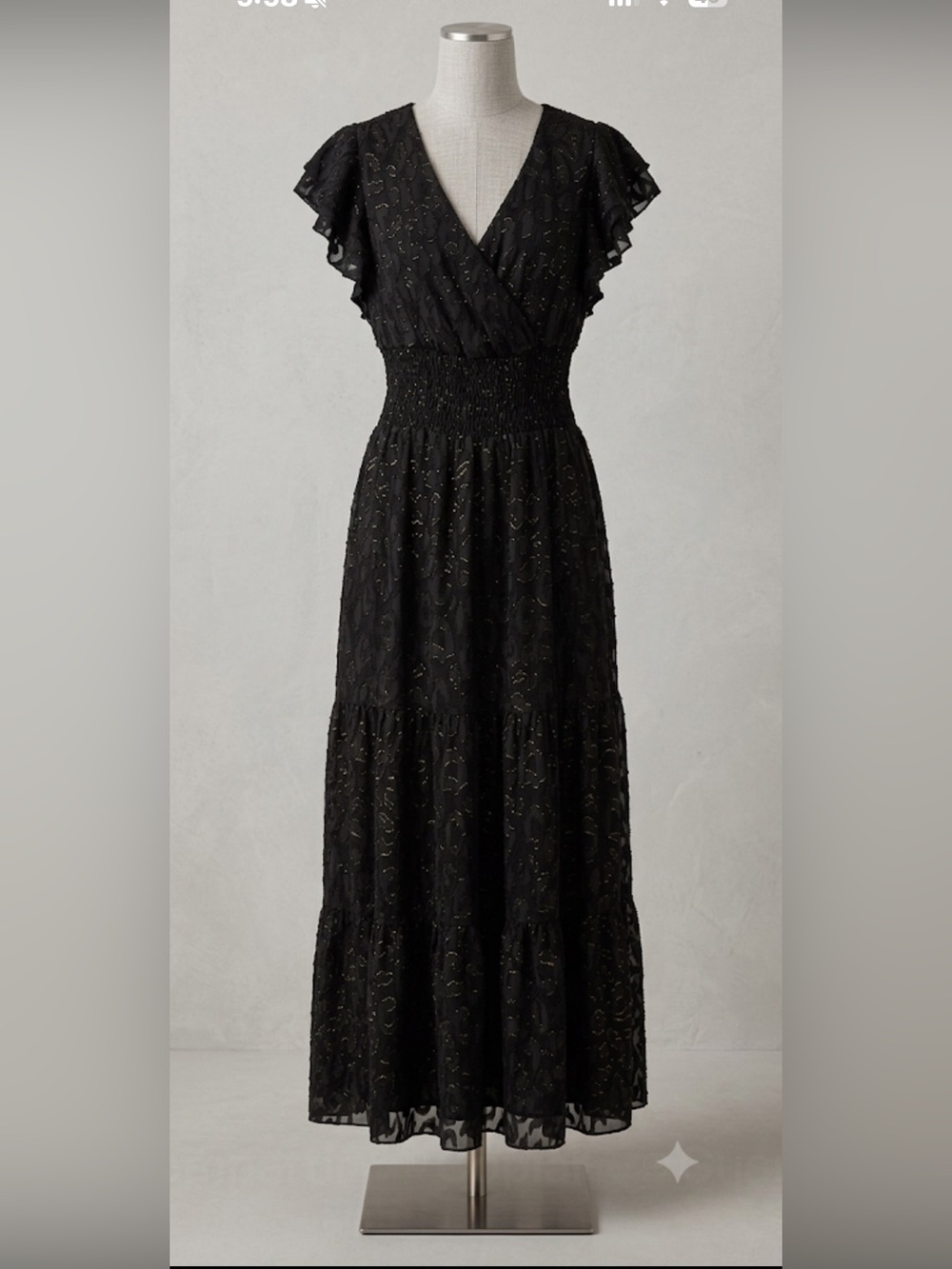 Black Smocked Waist Flutter Sleeve Maxi Dress